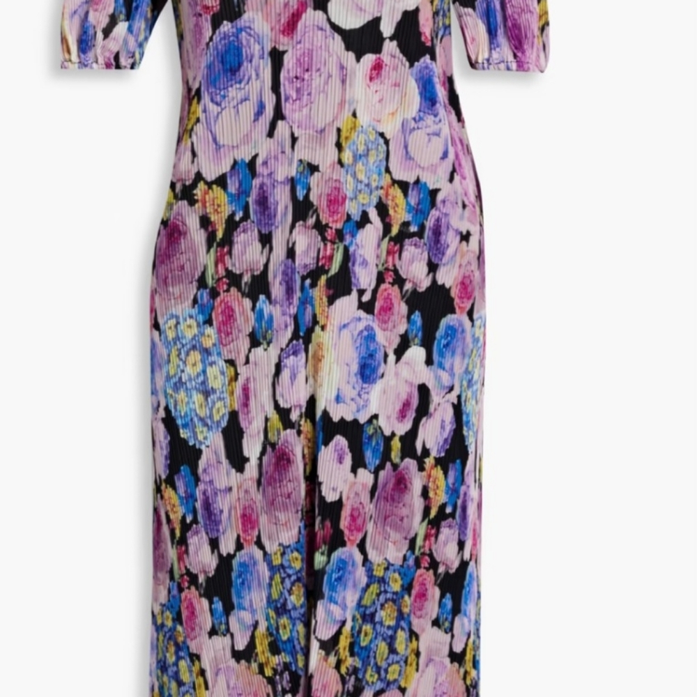 GANNI Purple Floral Pleated Sheer Dress Medium